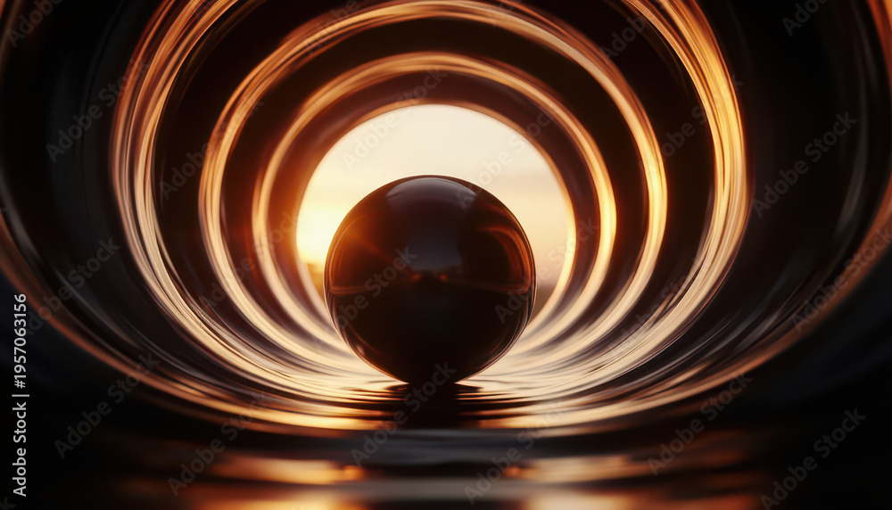 Fototapeta premium a shiny sphere resting in water inside a cylindrical tunnel. The tunnel reflects warm colors from the sunlight, creating a striking visual effect with the sphere.