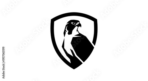 Black silhouette of a bird's head in a shield on white background