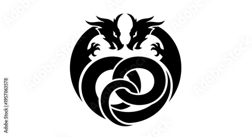 Black silhouette of two dragons forming a circle with intertwined tails on white