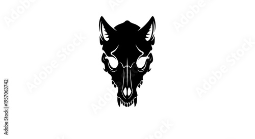 Black wolf head illustration with glowing eyes on a white background.