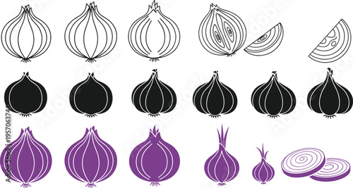 Onion vegetable illustration set, whole sliced and cut onion icons, kitchen ingredient design, food vector collection isolated on white background