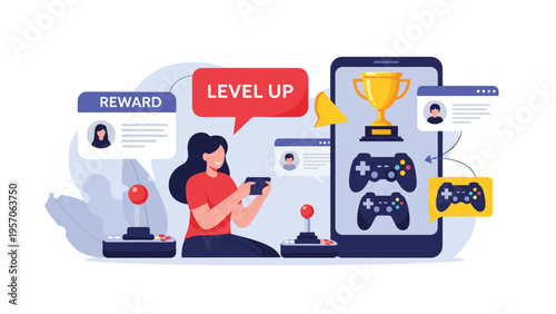 Video game reward system concept featuring a woman playing on a phone with various game controllers and trophies icons.