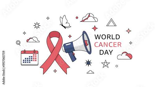 World cancer day awareness banner with a pink ribbon, megaphone, calendar, and various symbolic icons for health advocacy.
