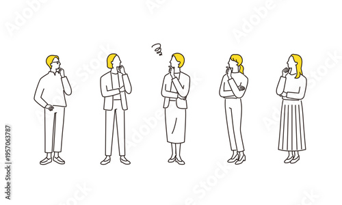 困る女性ビジネスチームの線画イラストセット