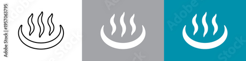 Three variations of the japanese onsen hot spring symbol featuring steam rising from a curved bowl