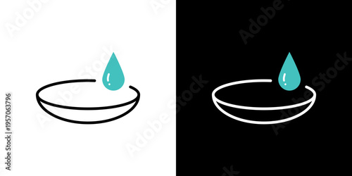 A minimalist linear icon depicting a single contact lens paired with a refreshing eye drop fluid