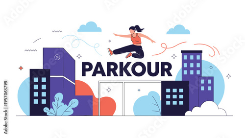 Parkour urban sports concept featuring a female athlete jumping between city skyscrapers in a dynamic flat illustration.