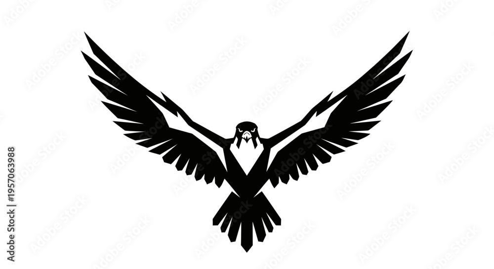Fototapeta premium Black silhouette of a bird in flight with outstretched wings on a white background.