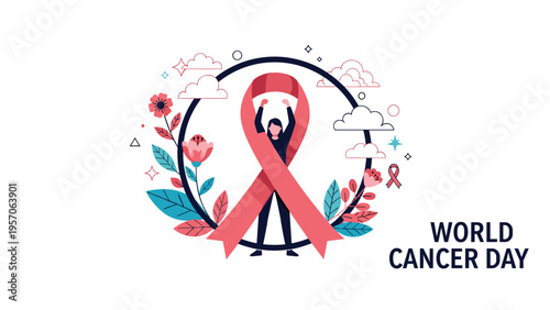 World cancer day awareness banner with a woman standing inside a floral wreath holding a large red ribbon symbol.