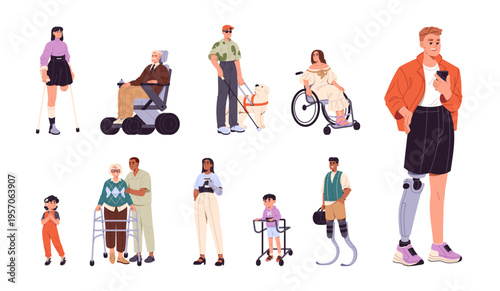 Set of people with disabilities. Diverse men, women and kids are blind, with health problems and diseases. Characters with equipment- wheelchair, prothesis. Flat isolated vector illustrations on white
