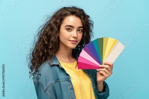 Young woman with curly hair holding color palette fan for personal color analysis