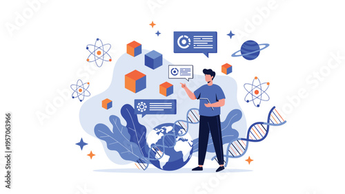 Scientific research and exploration concept with a man surrounded by atomic models, planets, DNA strands, and data charts.