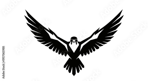 Black silhouette of a bird in flight with outstretched wings on a white background.