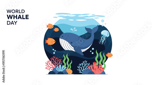 World whale day marine conservation illustration featuring a whale swimming in a colorful underwater coral reef scene.