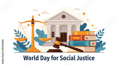 World day for social justice banner with a courthouse building, scales of justice, law books, and a judge's gavel.