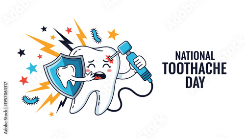 National toothache day awareness with a cartoon tooth character holding a shield and a dentist drill for oral care.