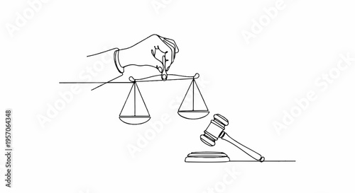 Justice scales and gavel in a simple line drawing symbolizing law and order fairness and judgment in a courtroom setting with a hand on the balance