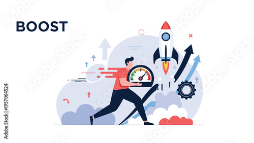 Business performance boost concept featuring a man holding a speedometer running towards success with a rocket ship.