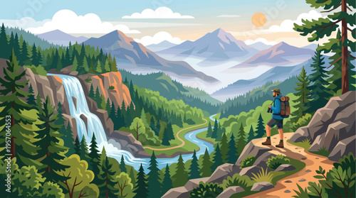 A lone hiker stands on a rocky path overlooking a scenic valley with a flowing waterfall, winding river, and layered mountains under a soft sunset sky.