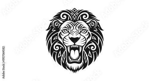 Black and white illustration of a roaring lion's head with decorative tribal patterns on