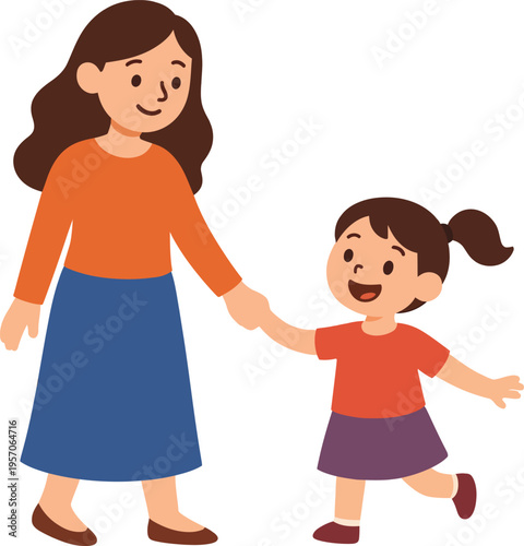 A mother and her young daughter are holding hands and walking together, both smiling happily.