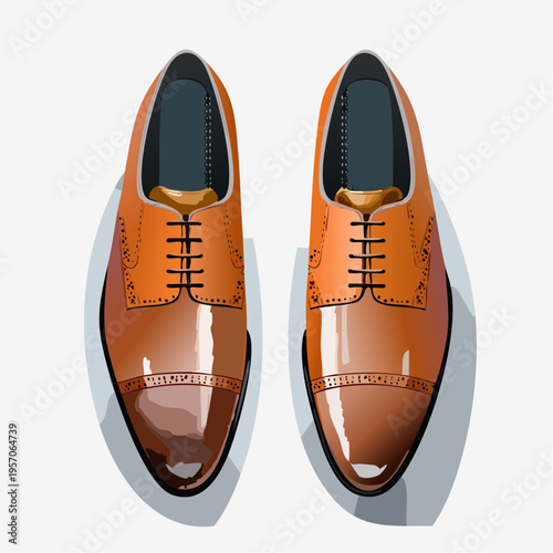 Brown leather dress shoes placed on a flat surface showing the top view with laces and design details present during daylight hours