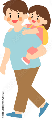 Happy father carrying daughter on back, family illustration