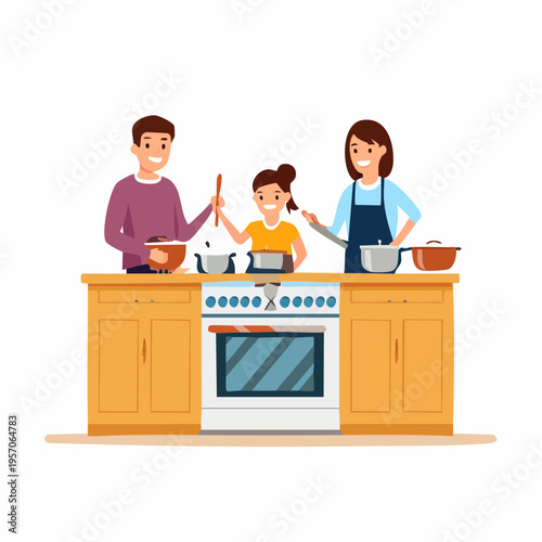 Family cooks together in kitchen with pots and stove during afternoon, creating meals and enjoying time on their weekend