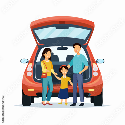 Family stands by open car trunk during a road trip preparation on a sunny day in a parking lot