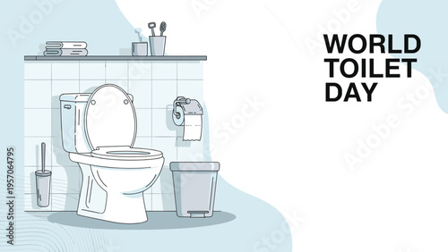 World toilet day illustration featuring a clean white bathroom with toilet bowl and essential sanitary accessories for hygiene awareness.
