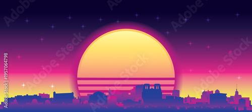 Purple generic retro futuristic synthwave panoramic poster of the city skyline with misty background sunset buildings of NICE, FRANCE