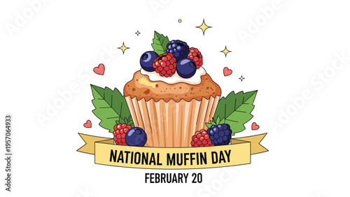 National muffin day celebration featuring a delicious freshly baked muffin topped with cream and berries on a decorative banner.