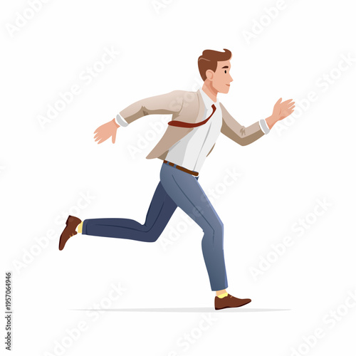 Man in suit running in a hurry down a street during the daytime with a determined expression on his face