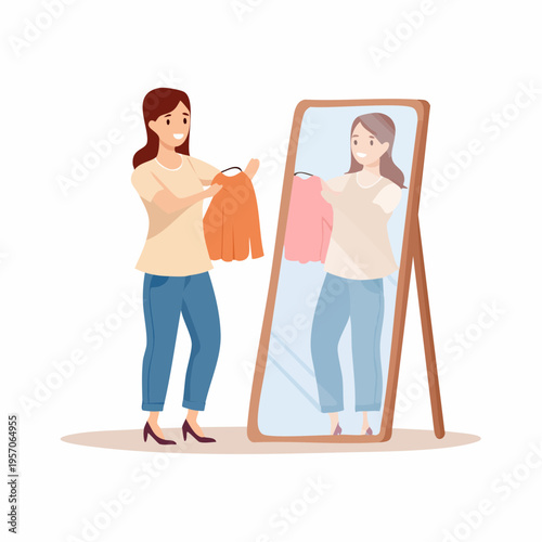 Woman tries on clothes in front of mirror while shopping in a clothing store during daytime