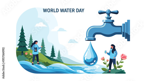 World water day scene showing people collecting water from a giant faucet in a natural landscape to promote conservation and access.