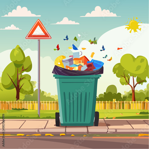 Recycling and waste management in a city park during a sunny day with plastic and paper in a trash bin