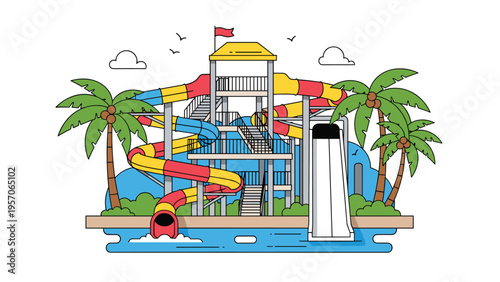 Summer vacation at a water park featuring colorful winding slides palm trees and a refreshing pool for family fun and recreation.
