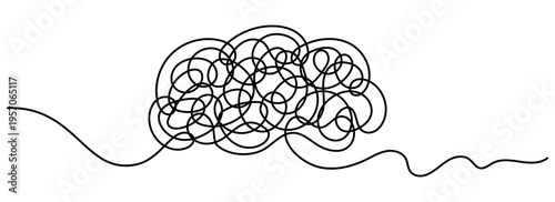 Abstract tangled brain line with chaotic scribble and continuous flowing line, concept of stress anxiety overthinking and mental confusion, creative outline design for psychology and mind