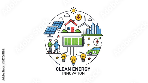 Clean energy innovation concept showing renewable power sources integrating with housing transportation and daily life in a circular design.