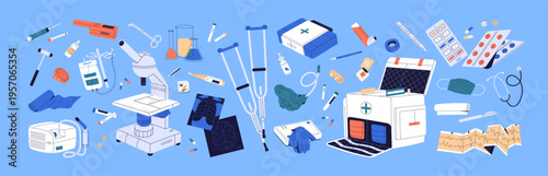 Set of medical tools. Items of first aid kit. Supplies for ambulance and hospital- different pills and remedies, bandages, surgical instruments, thermometer, mask. Flat isolated vector illustrations