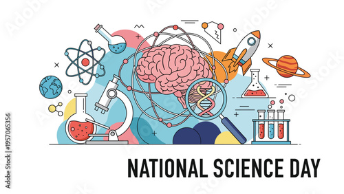 National science day celebration featuring symbols of biology chemistry physics and space exploration like brain microscope and rocket.