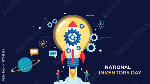 National inventors day illustration featuring a rocket inside a glowing lightbulb with gears and space icons for creative engineering.
