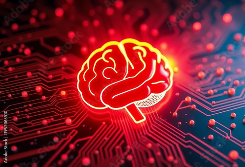 Abstract glowing circuit board with AI brain symbol,  green,  interface