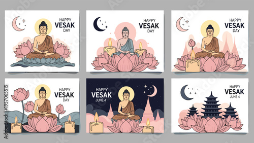 Set of happy vesak day greeting cards featuring meditating buddha lotus flowers candles and temple silhouettes for spirituality.