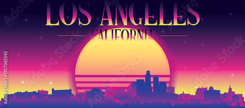 Purple generic retro futuristic synthwave panoramic poster of the city skyline with misty background sunset buildings of LOS ANGELES, CALIFORNIA