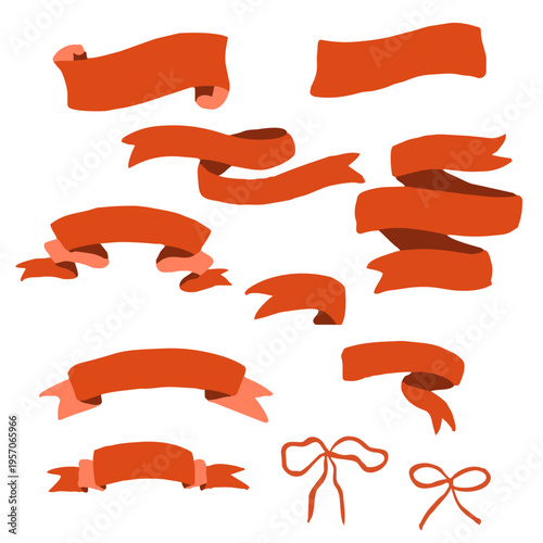 Hand Drawn Red Ribbon Banner Collection with Decorative Bows for party birthday