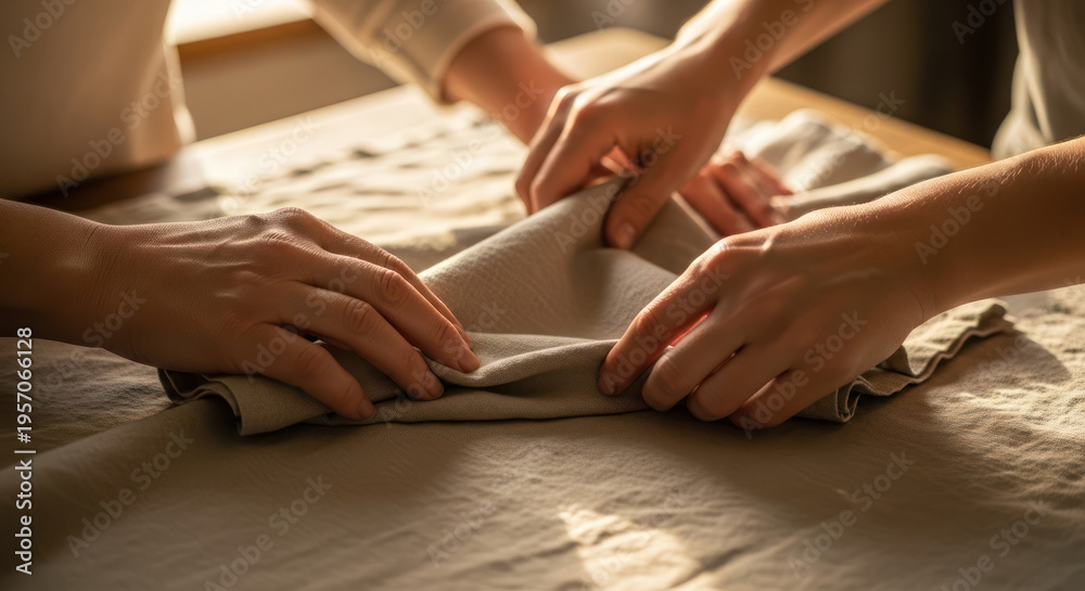 Obraz premium Close-up of two people's hands folding a beige fabric on a table with natural light.