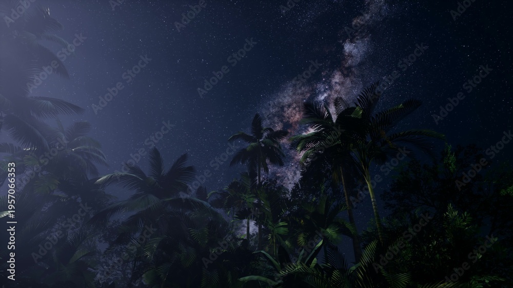 Obraz premium In a tranquil tropical setting, towering palm trees reach towards a breathtaking night sky filled with stars. The Milky Way glimmers brightly, creating an enchanting atmosphere.