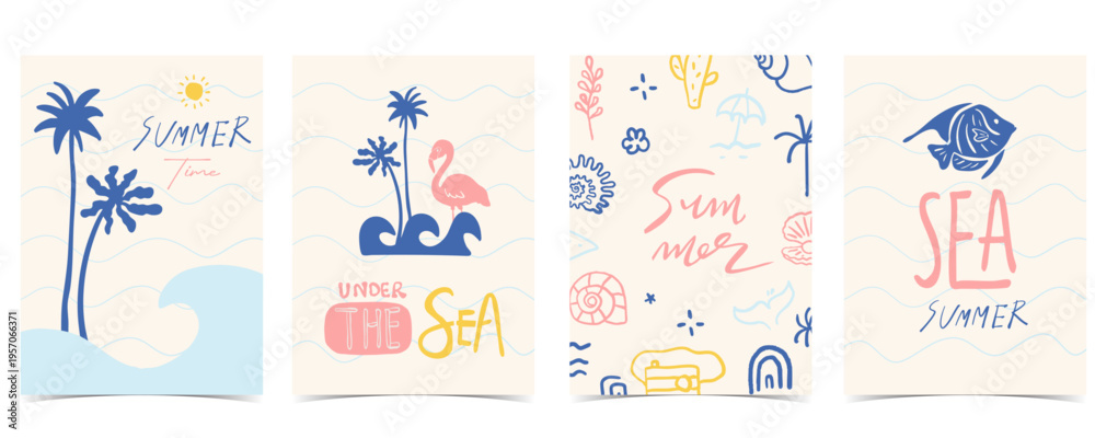 Fototapeta premium Blue pink hand drawn hello Summertime beach poster set with rainbow,starfish, shell,cactus icon for vacation a4 vertical invitation