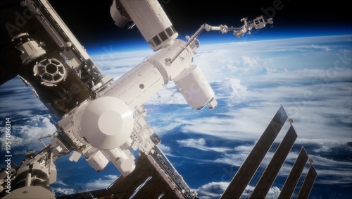 The International Space Station floats above Earth, revealing its unique design against blue oceans and white clouds, a stunning testament to human innovation.